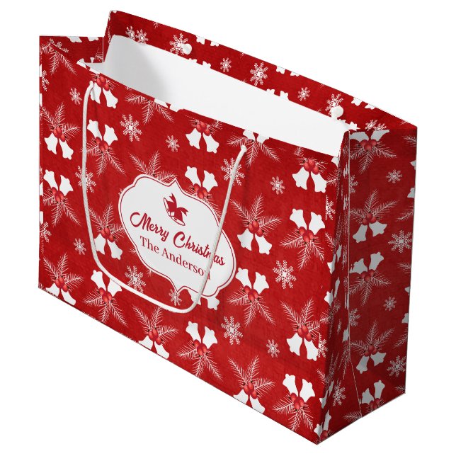 Merry Christmas Red Pattern Christmas Bell Large Gift Bag (Front Angled)