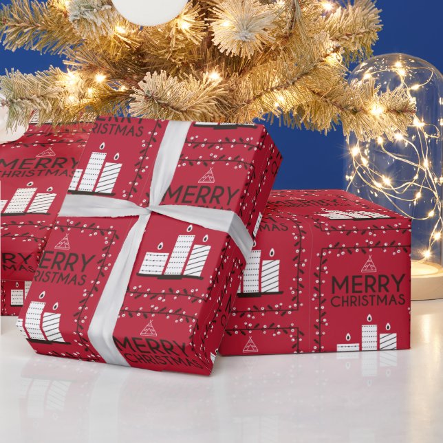 Merry Christmas Red Pattern White Candle Wrapping Paper (Holidays)