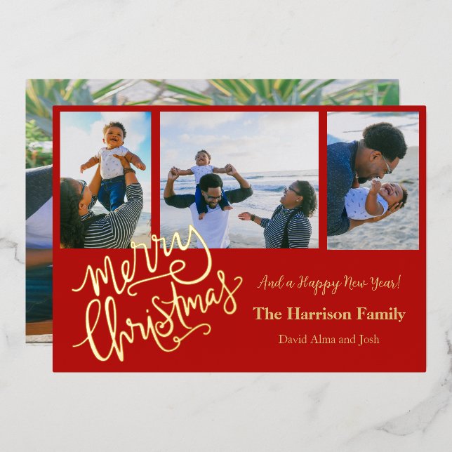 Merry Christmas Red Personalised Photo Gold Foil Holiday Card (Front/Back)