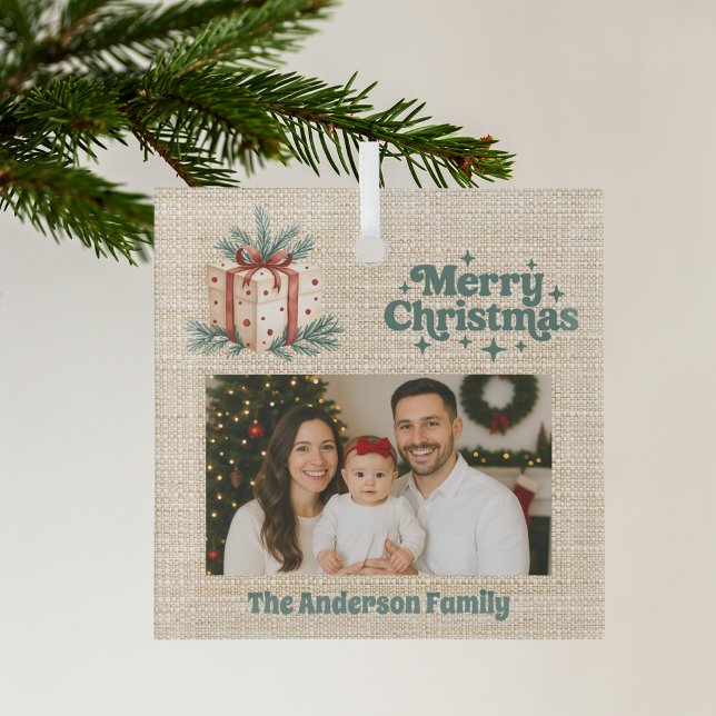 Merry Christmas red photo beige burlap gift box Glass Tree Decoration (Creator Uploaded)