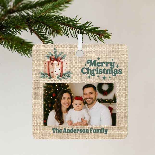 Merry Christmas red photo beige burlap gift box Metal Tree Decoration (Creator Uploaded)