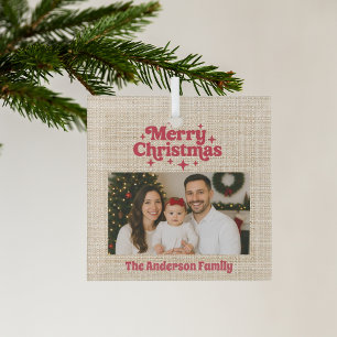 Merry Christmas red photo beige burlap Glass Tree Decoration