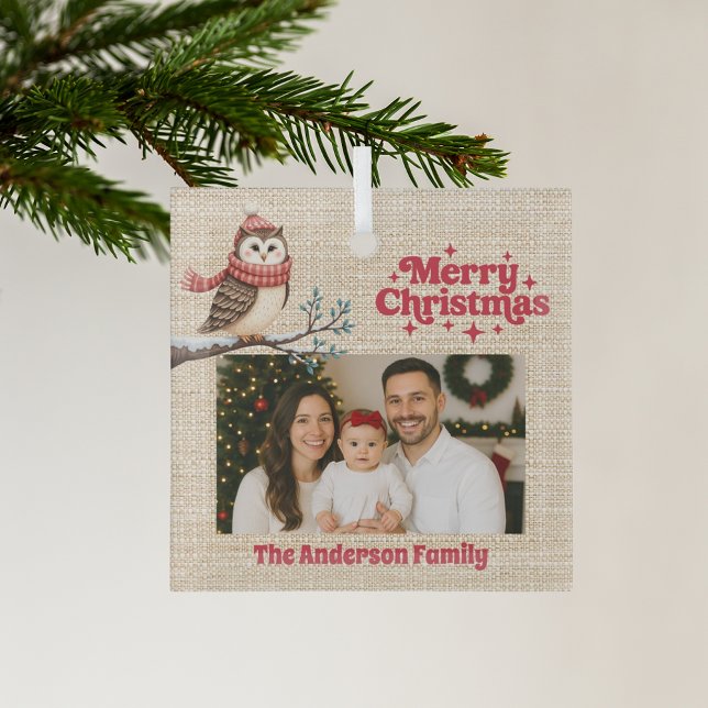Merry Christmas red photo beige burlap owl Glass Tree Decoration (Creator Uploaded)