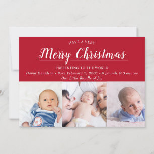 Merry Christmas Red Photo Birth Announcement