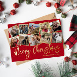 Merry Christmas Red Photo Collage Foil Holiday Card<br><div class="desc">Elegant christmas holiday gold foil card featuring a classic red background,  a 10 square photo collage capturing memories throughout the year,  the seasons greetings 'merry christmas',  family name,  and the year.</div>