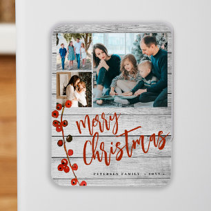 Merry Christmas red photo collage rustic  Magnet