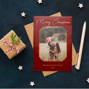 Merry Christmas Red Photo Gold Frame Snowflake Foil Holiday Card