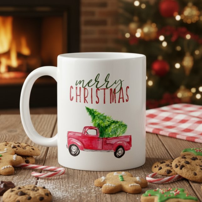 Merry Christmas Red pickup truck tree watercolor Coffee Mug (Creator Uploaded)