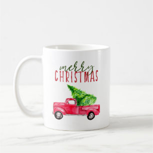 Merry Christmas Red pickup truck tree watercolor Coffee Mug