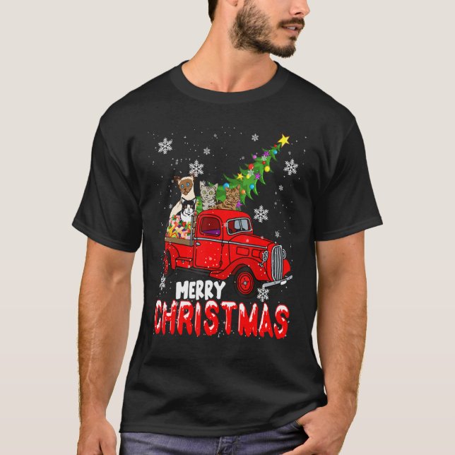 Merry Christmas Red Pickup Truck Xmas Tree Cats Fa T-Shirt (Front)