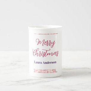 merry christmas red pink glitter lines name retro bone china mug