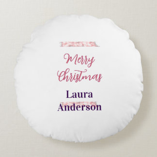merry christmas red pink glitter lines name retro  round cushion