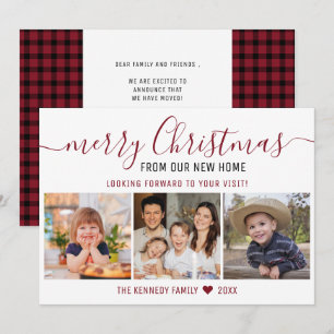 Merry Christmas Red Plaid 3 Photo Holiday Moving Announcement