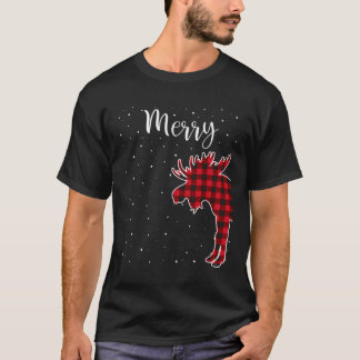 Merry Christmas Red Plaid Buffalo Moose Couples Ma T-Shirt