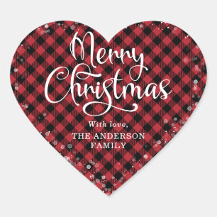 Merry Christmas Red Plaid Calligraphy Snow Heart Sticker