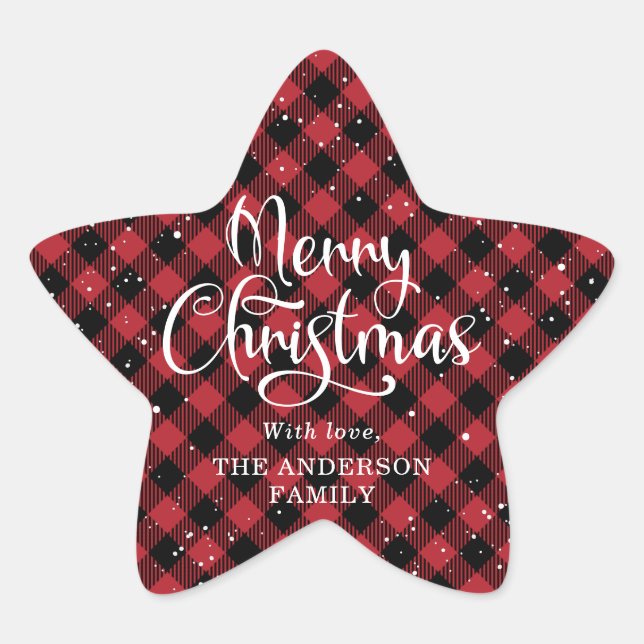 Merry Christmas Red Plaid Calligraphy Snow Star Sticker (Front)