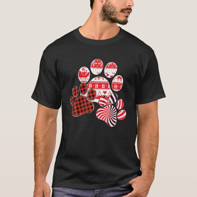 Merry Christmas Red Plaid Candy Cane Dog Paw Print T-Shirt (Front)