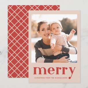 Merry Christmas Red Plaid Check Photo Holiday Card