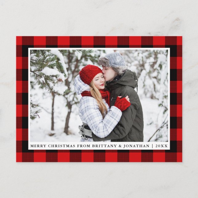 Merry Christmas Red Plaid Couple Photo Postcard (Front)