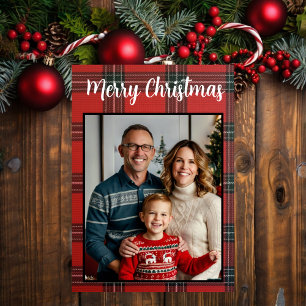 merry Christmas red plaid custom family photo Holiday Card