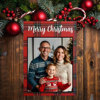 merry Christmas red plaid custom family photo Holiday Card