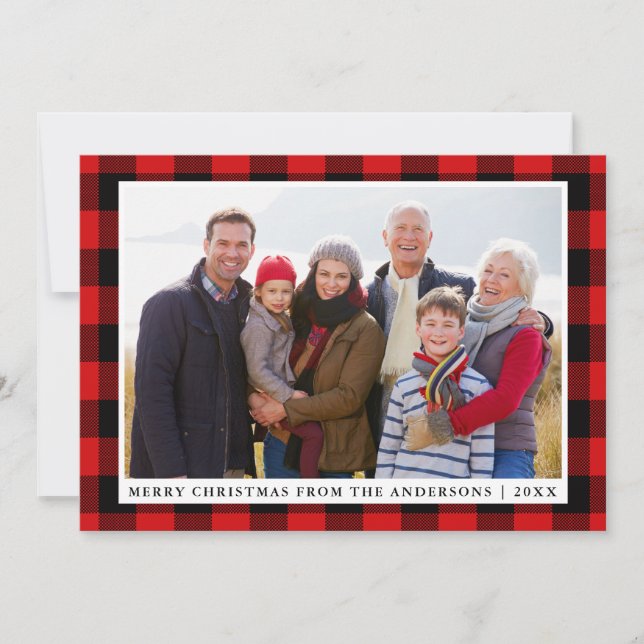 Merry Christmas Red Plaid Family Photo Card (Front)