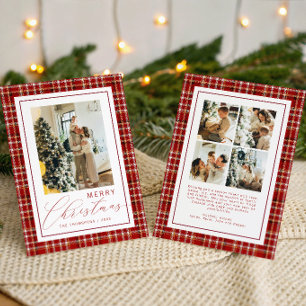 Merry Christmas Red Plaid Five Family Photo Holiday Card