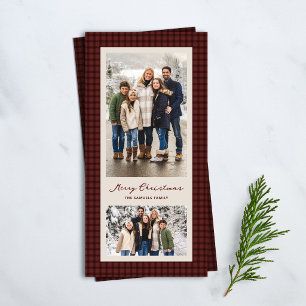 Merry Christmas red plaid frame two photo Holiday Card