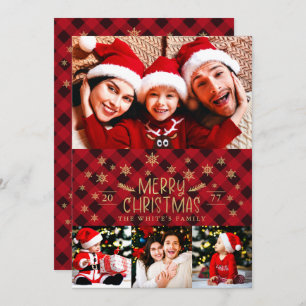 Merry Christmas Red Plaid Gold Snowflakes 4 Photos Holiday Card
