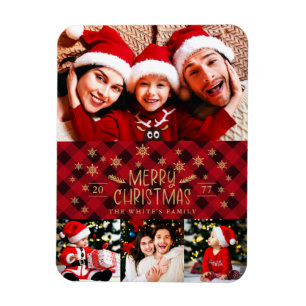 Merry Christmas Red Plaid Gold Snowflakes 4 Photos Magnet