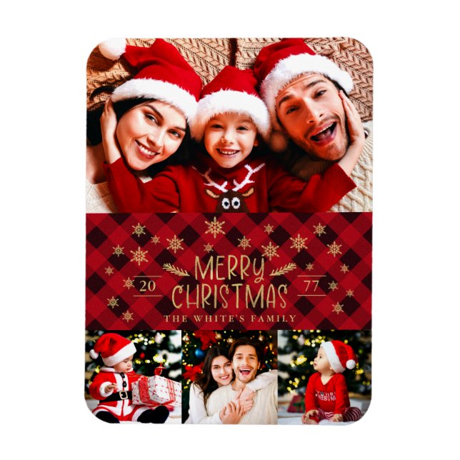 Merry Christmas Red Plaid Gold Snowflakes 4 Photos Magnet (Vertical)