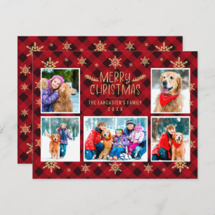 Merry Christmas Red Plaid Gold Snowflakes 5 Photo Holiday Card