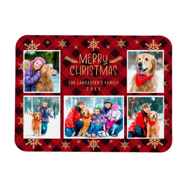 Merry Christmas Red Plaid Gold Snowflakes 5 Photo Magnet (Horizontal)