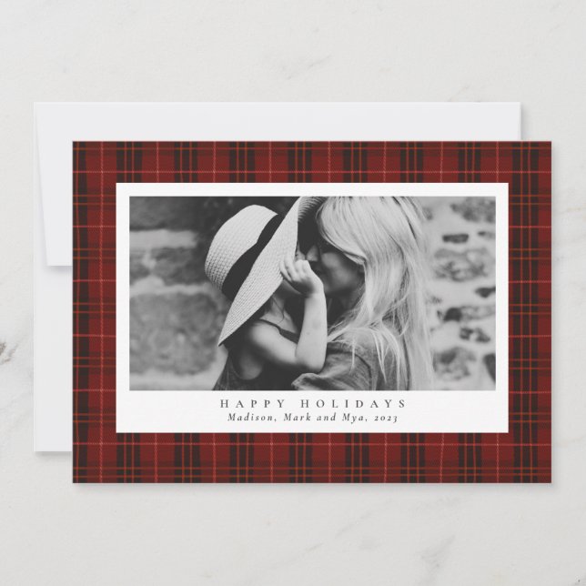Merry Christmas Red Plaid One Photo Holiday Card (Front)
