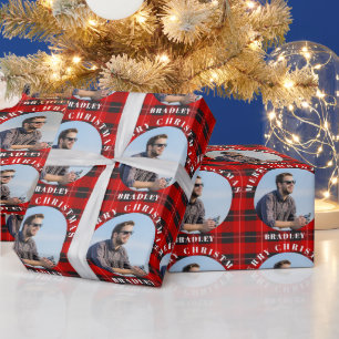 Merry Christmas Red Plaid Personalised Photo Name Wrapping Paper