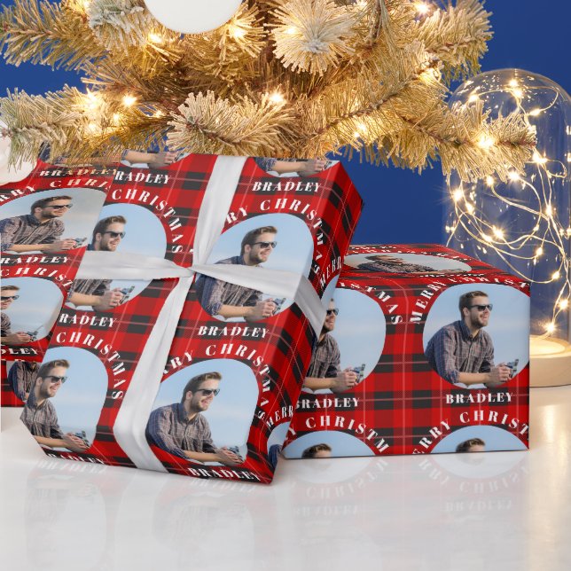 Merry Christmas Red Plaid Personalised Photo Name Wrapping Paper (Holidays)