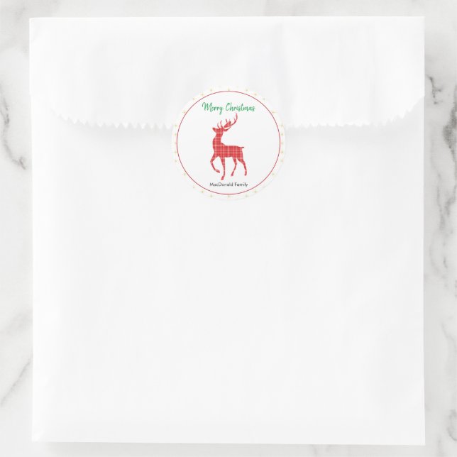 Merry Christmas Red Plaid Reindeer Gold Star Classic Round Sticker (Bag)