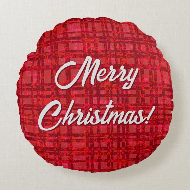 Merry Christmas Red Plaid Round Throw Pillow (Front)