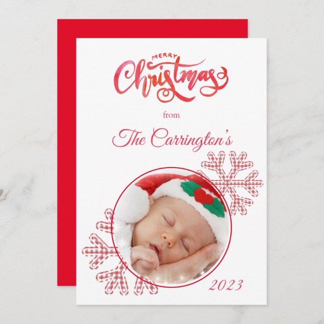 Merry Christmas Red Plaid Snowflakes Photo Holiday (Front/Back)