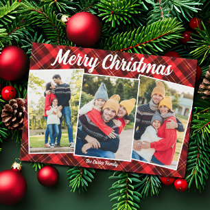 Merry Christmas Red Plaid Tartan 3 Photo Holiday Card