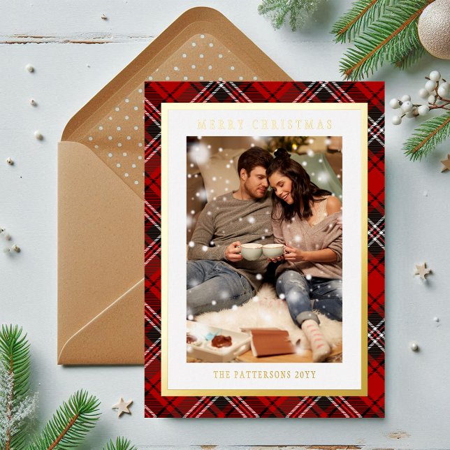 Merry Christmas Red Plaid Tartan Photo Foil Holiday Card (Creator Uploaded)