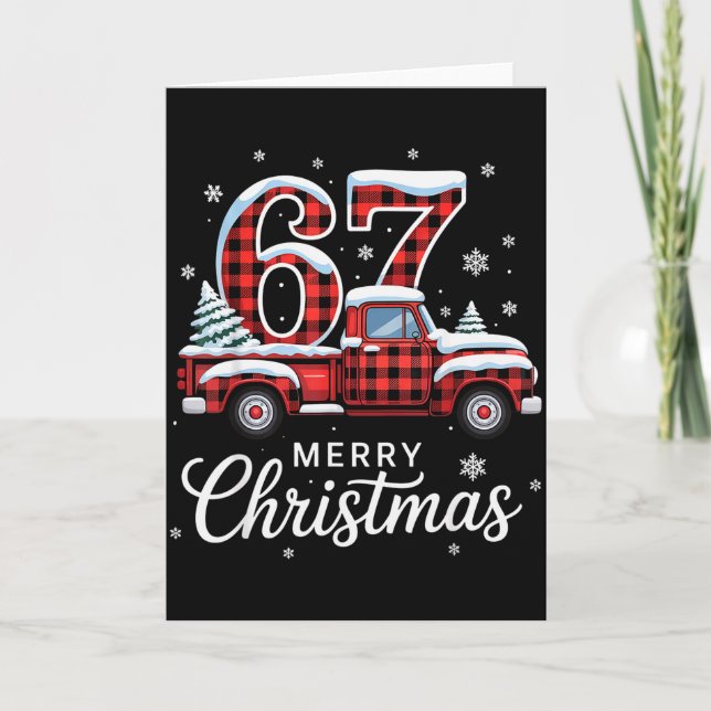 Merry Christmas Red Plaid Truck Buffalo Family 67  Card (Front)