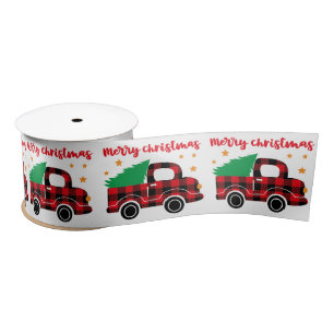 Merry Christmas Red Plaid Truck Modern Holidays Satin Ribbon