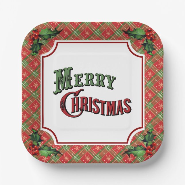 Merry Christmas Red Plaid with Holly Paper Plate (Front)