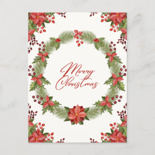 Merry Christmas Red Poinsettia and Berries Holiday Postcard