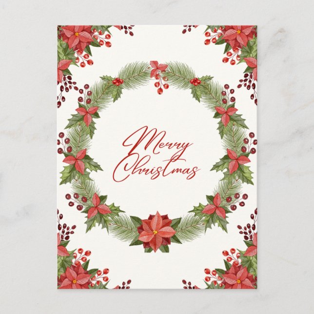 Merry Christmas Red Poinsettia and Berries  Holiday Postcard (Front)