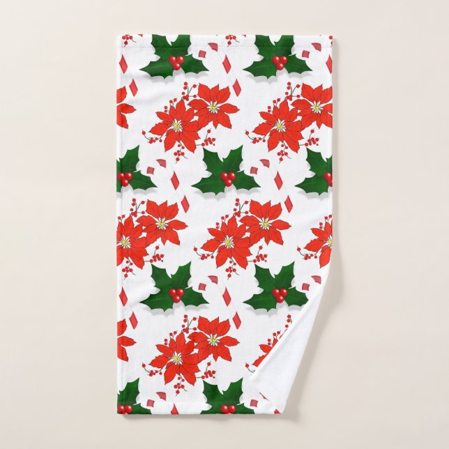 Merry Christmas Red Poinsettia and Holly Leaves  Hand Towel (Hand Towel)