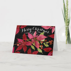 Merry Christmas Red Poinsettia Black Inside Photo Holiday Card