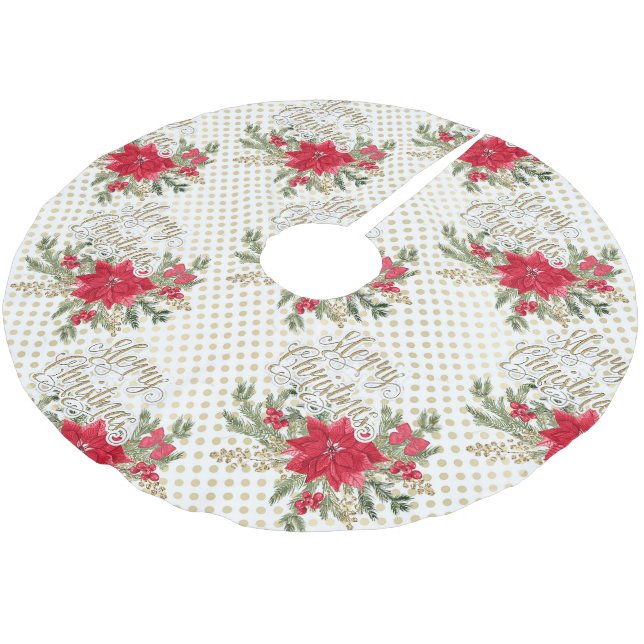 Merry Christmas Red Poinsettia Brushed Polyester Tree Skirt (Angled)