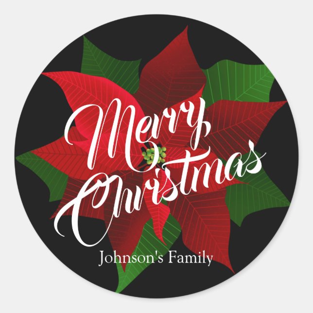 Merry Christmas - Red Poinsettia Christmas Classic Round Sticker (Front)